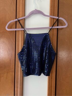 Blue Sequin Halter Crop Top